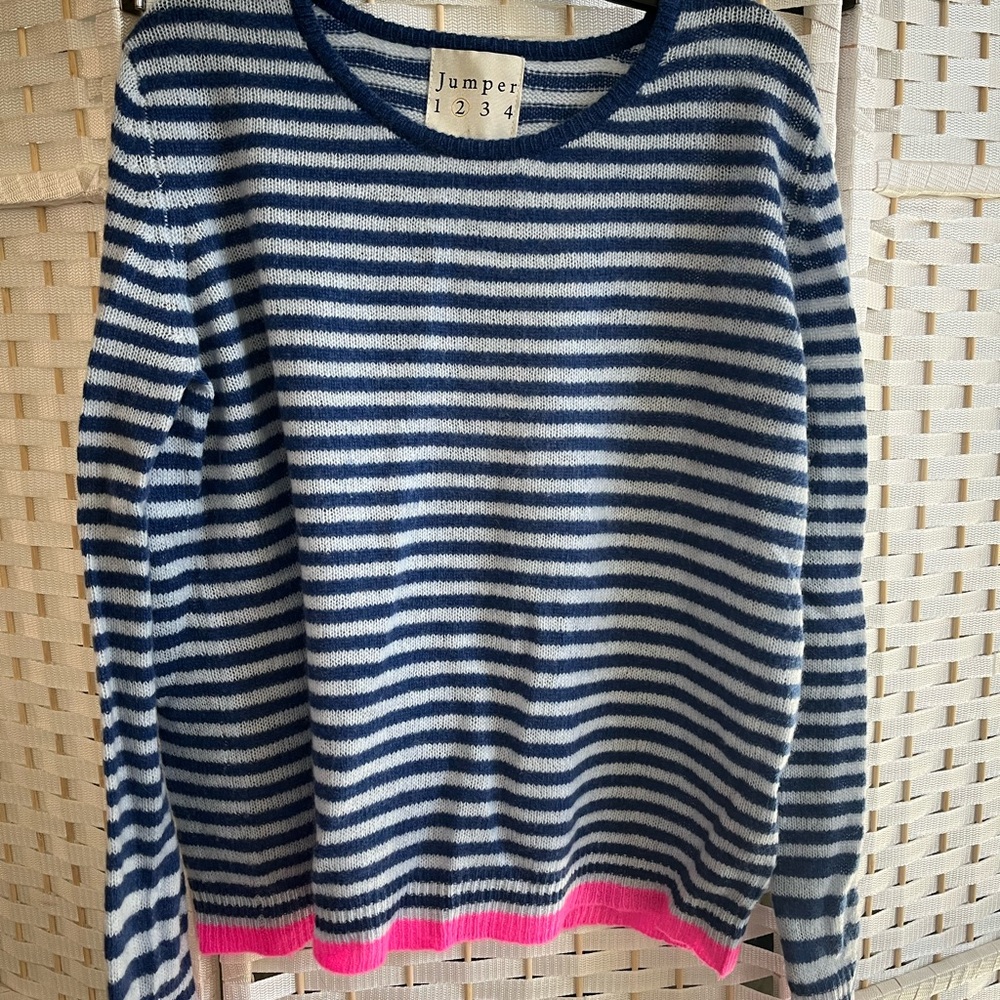 Blue and Pink Crew Neck Striped Sweater